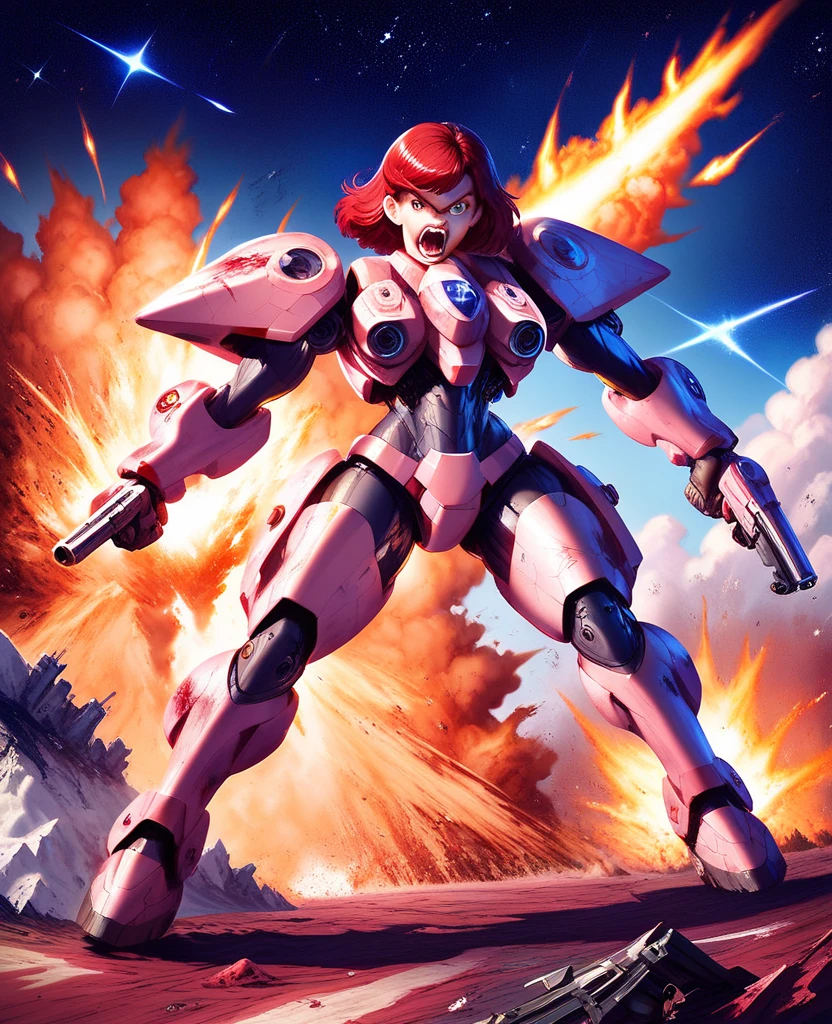 (masterpiece), ,1girl, full body, expressive eyes, solo focused, anime style, skindation, detailed lips best quality, 8k, highres , skindention solo, mech girl, force field, space battle, explosion, in space, determined expression, damaged body, weapons, action, epic fight scene, red hair, gun, blade, mecha, mecha suit, glowing suit, fangs, angry, wide eyes, shouting, space battle, explosions, sparkles, blood, cannon