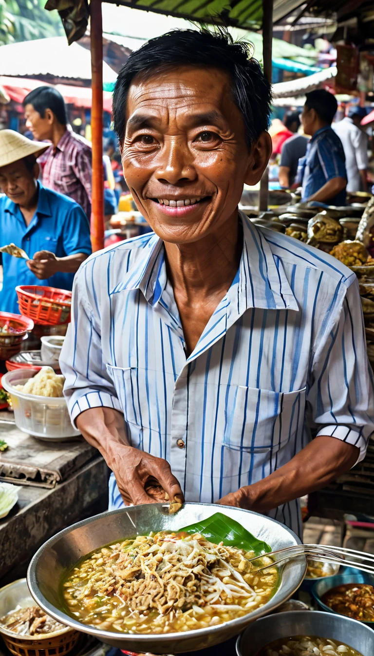 spiderman selling soto food in a traditional market in indonesia complete with farmer's shirt
