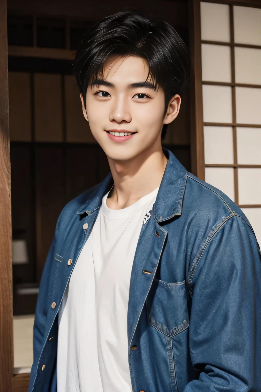 top-quality、超A high resolution、(realisitic:1.4)、masterpiece、blured background、musculature、独奏、1 boy、A young man、is standing、white skin without a top,,、the pose、sface focus、A smile、silently、Korean actors、Streets of Korea