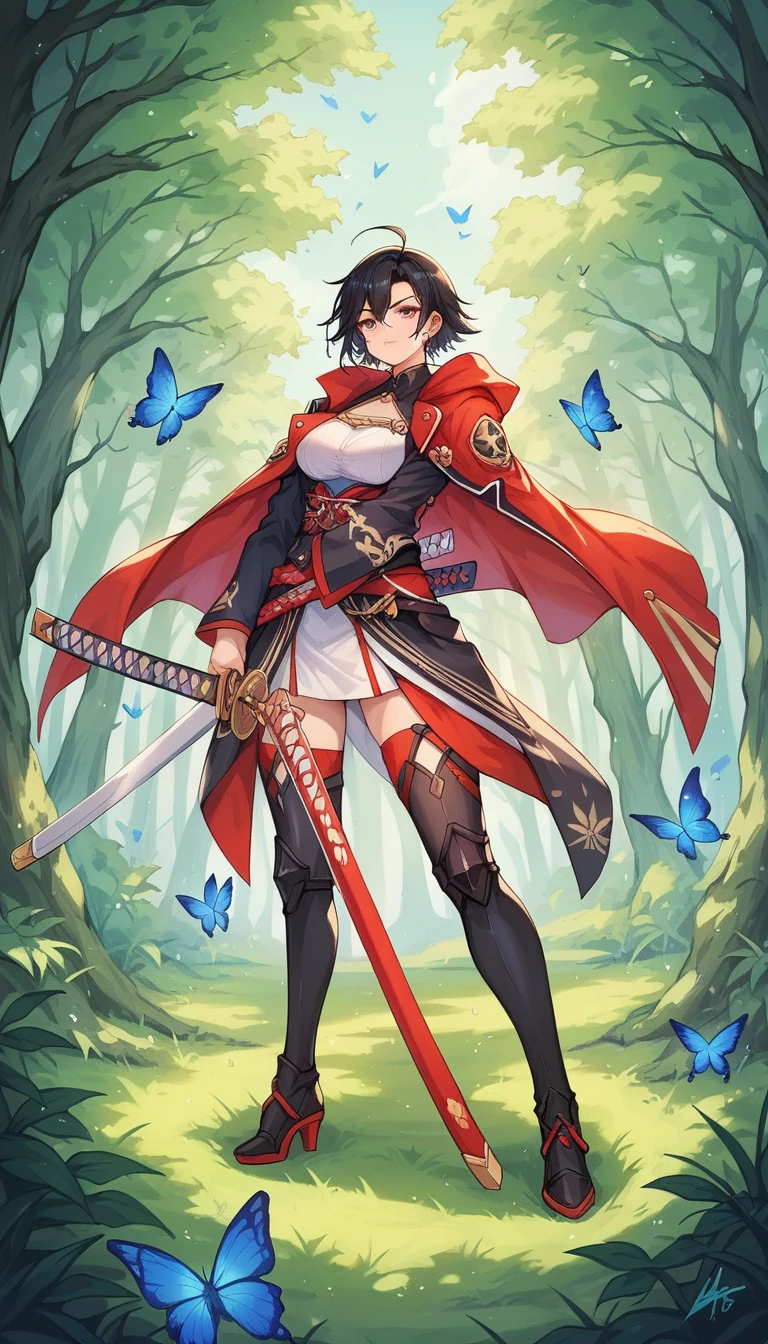  close up of a woman with a sword and sword,   in the forest with blue butterflies ,  pixib, What is it?？,  female action anime girl , Katana Zero  video game character, Villain Anime Girl,  Best Anime 4K Konachan Wallpaper ,  full body commission of two swords , Ryuko, From the Azur Lane game, Katana Zero 