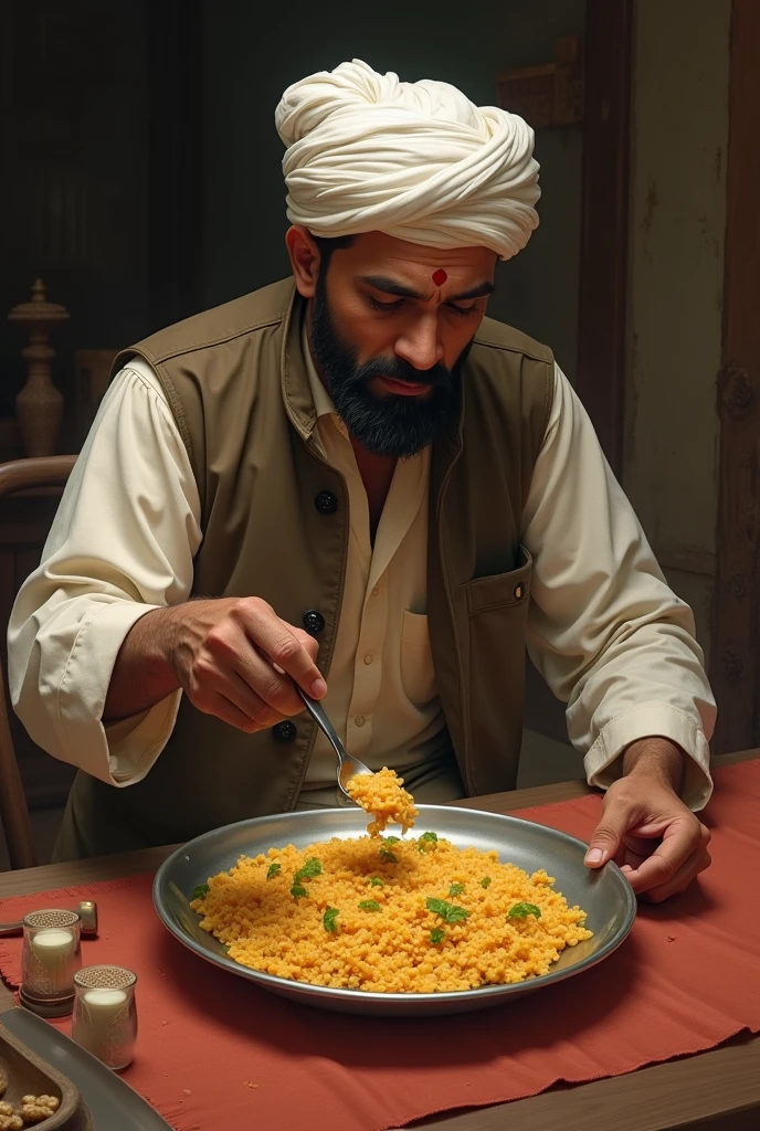 Indian 
Muslim man wearing cap making biriyani  with long spoon and big pot