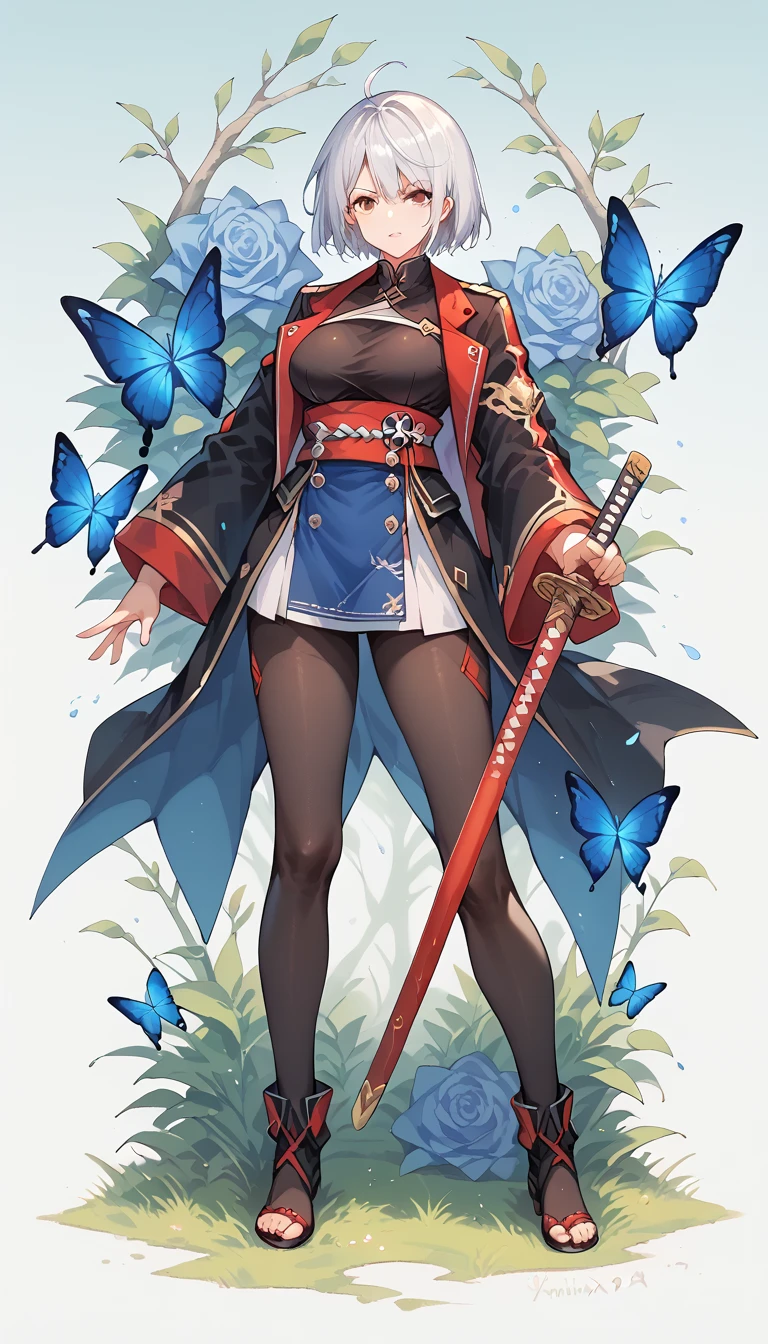  close up of a woman with a sword and sword,   in the forest with blue butterflies ,  pixib, What is it?？,  female action anime girl , Katana Zero  video game character, Villain Anime Girl,  Best Anime 4K Konachan Wallpaper ,  full body commission of two swords , Ryuko, From the Azur Lane game, Katana Zero 