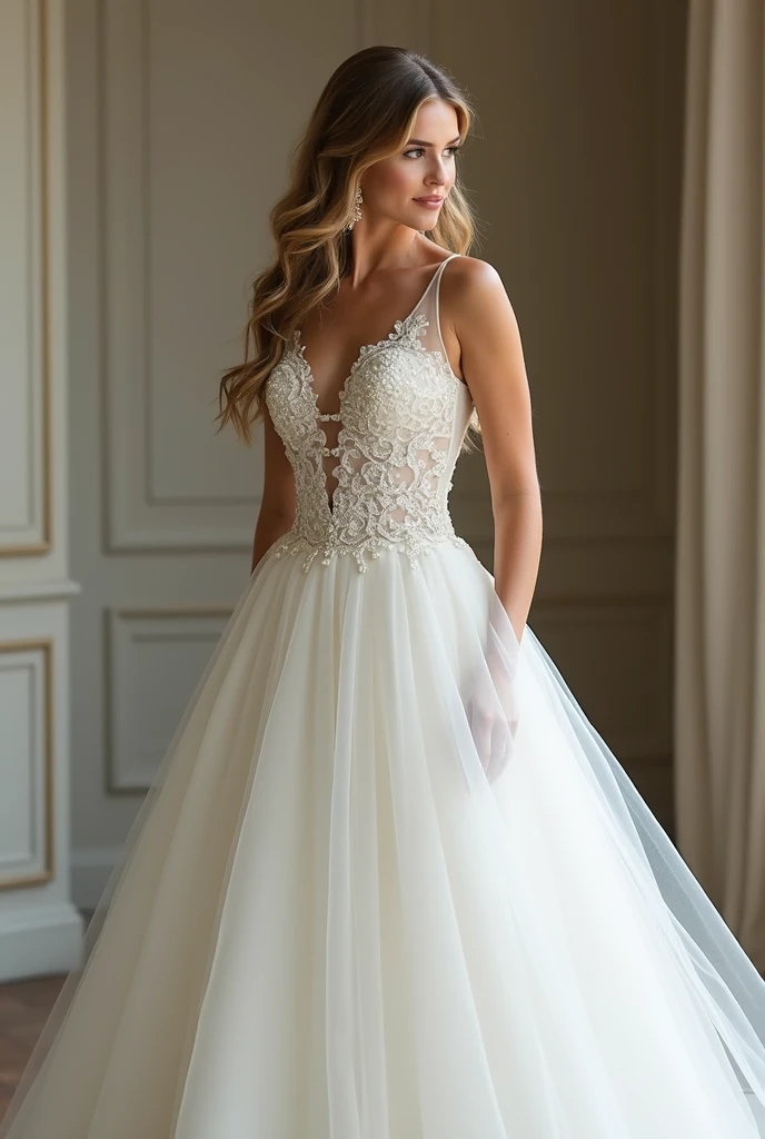 Wedding dress. black silk and lace, with a fitted bodice that accentuates your curves and a flowing skirt that cascades gracefully down to the floor. The lace that covers the bodice is sheer, revealing glimpses of skin beneath and creating an air of mystery and allure. The beads and sequins that adorn the fabric catch the light, adding a shimmery effect that makes the dress sparkle