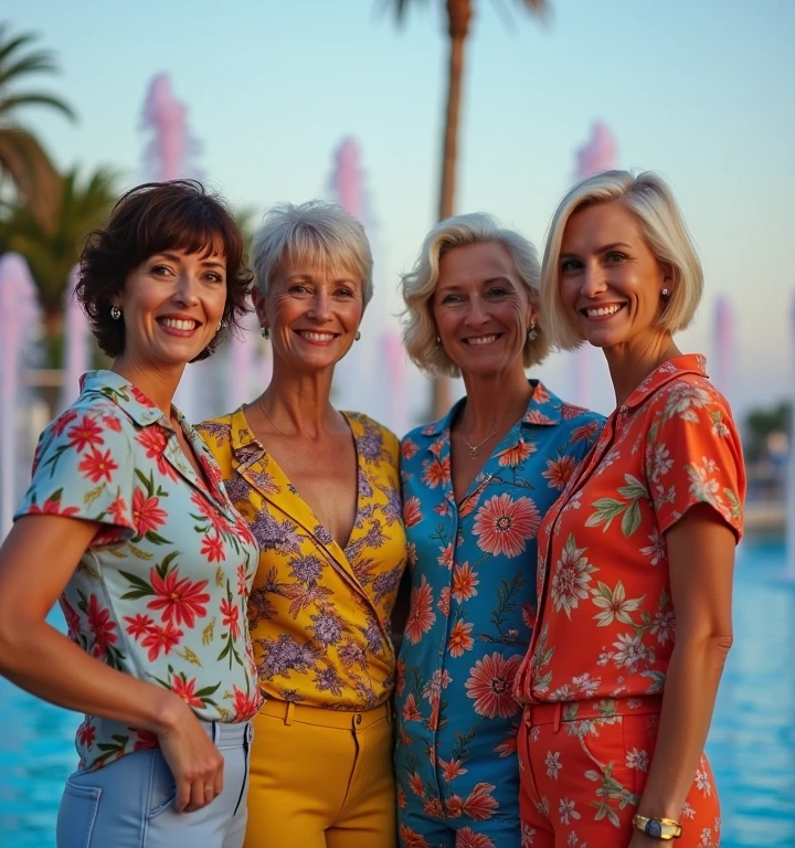 (the four tourists ), mature women (one a red head, the second elderly mother, the third Asian friend, and the 4th is a brunette daughter), posing in Hawaii, masterpiece, hyperdetailed painting, ((4girls))..