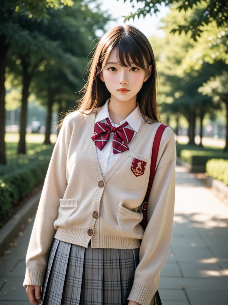  score_9, score_8_up, score_7_up, source_photograph,
 realistic ,photograph,( sharp concentration),(backlit photograph:1.4),Dramatic Shadows,Raw lighting, dynamic angle,
break
Japanese girl,
 dark eyes,( small eyes :1.1),
 slender round face ,
( school uniform),
( outer is a light beige cardigan :1.2),
( sleeves over the wrist :1),
(  inner is a white collar shirt :1.2),
( red string neck bow :1.1),
break
( bottoms are black and gray plaid skirt:1.2),( pleated skirt,   Mini Skirt:1.2),
Outdoor,upper_body,