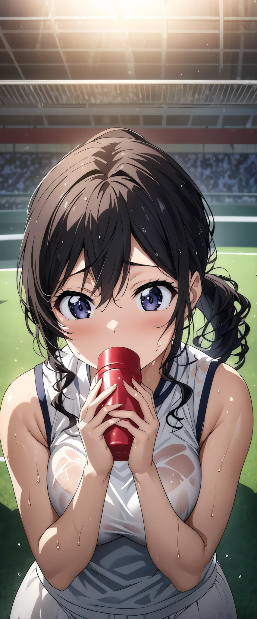 high school gym, girls in volleyball shorts, innocent faces, licking vanilla ice cream cone, eyes looking at camera, long pigtail hair, detailed, ultra realistic, 8k, kneeling down, ice cream on mouth