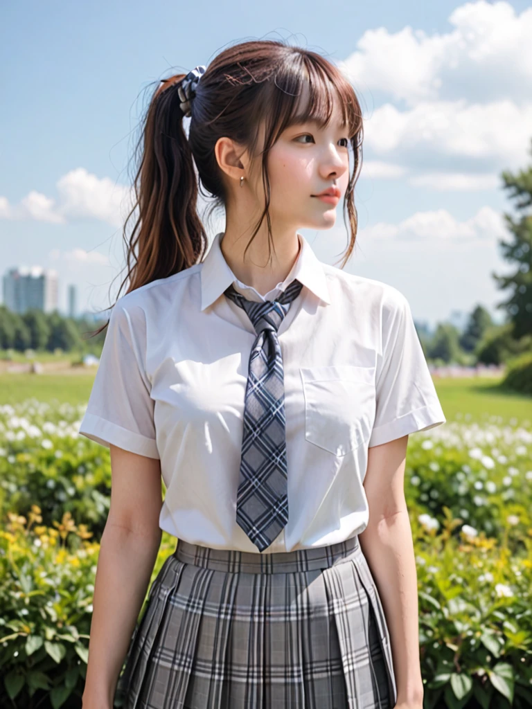  score_9, score_8_up, score_7_up,
 realistic ,photo realistic ,
 1 girl,
 ponytail,
White collar shirt,Plaid Dreadbow Tie , Grey Plaid Pleated Skirt,
Outdoor,
 face focus,