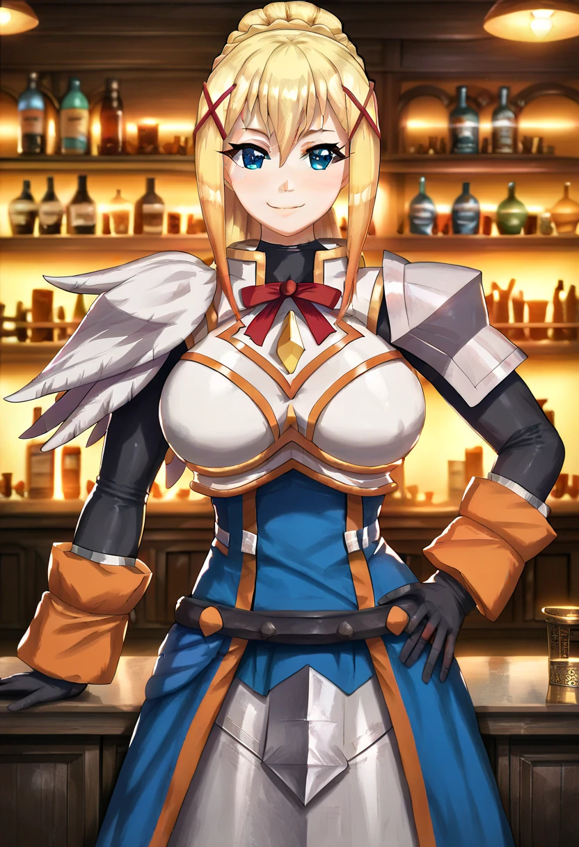 (Masterpiece, Ultra-high resolution, 8k, High Quality, Top quality, High-Detailed, Detailed CG, Cinematic Shadow:0.5, Beautiful Detailed Eyes, Ultra Resolution, Depth of Field, High Resolution, Masterpiece: 1.2), (Anime Art style), (cowboy shot), (Medieval:1.4), (bar:1.6), 1girl, solo, darkness /(konosuba/), long hair, green eyes, blonde hair, x hair ornament, ponytail, braid, gloves, armor, bodysuit, shoulder armor, armored dress, large breasts, beautiful breasts, smile, hand on own hip, 