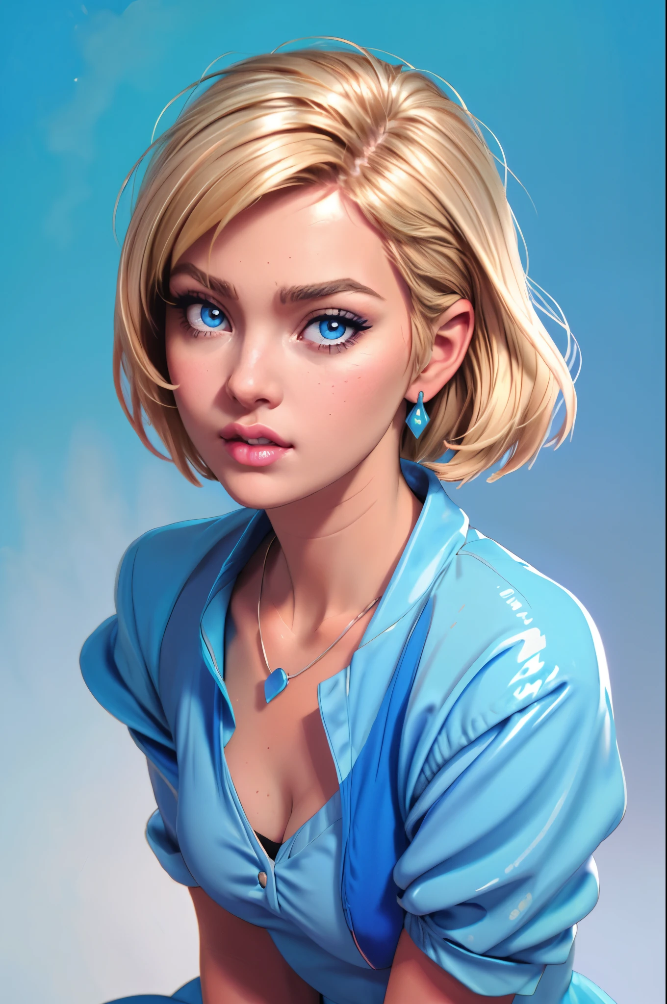 a beautiful woman, closeup portrait, perfect slick short blonde hair, (80s photo), (Bright Blue dress), 24mm, (analog, cinematic, film grain:1.3), (plain Cloud Burst Blue background, gradient:1.1), detailed eyes, (seductive pose), (epicPhoto), upper body, (looking at viewer), (painted lips), earrings and necklace