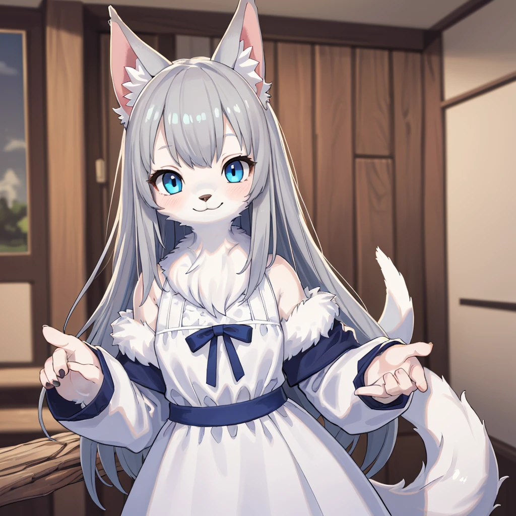 (hi res), ((masterpiece, best quality:1.0)), illustration, furry girl, animal ears, white body fur, tail, 1girl, solo, upper body, long grey hair, blue eye, white dress, looking at viewer, facing viewer, smile, blurry wood room background