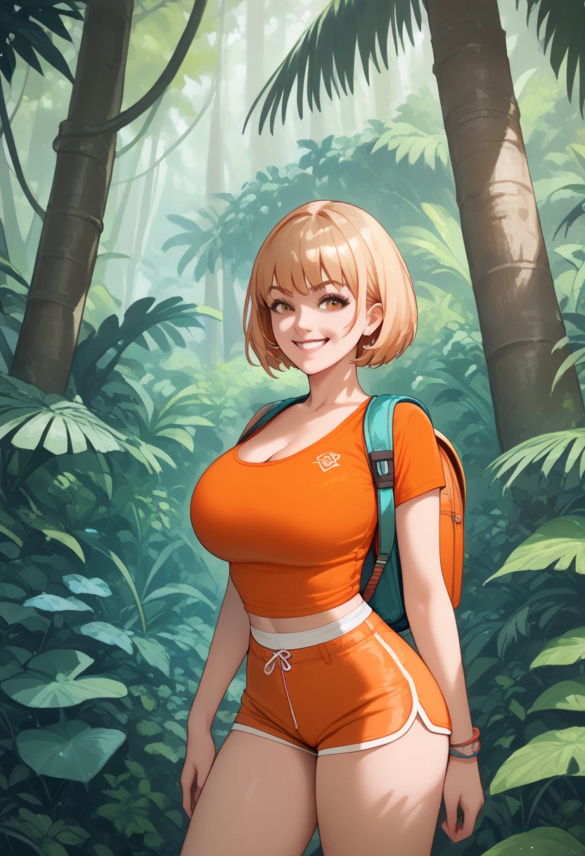 The super sexy Dora the Explorer wearing tight white shorts and a backpack and showing off her cleavage, in the jungle,  orange shorts, fuchsia t-shirt,  bob haircut with bangs,  smiling at the camera, perfect 