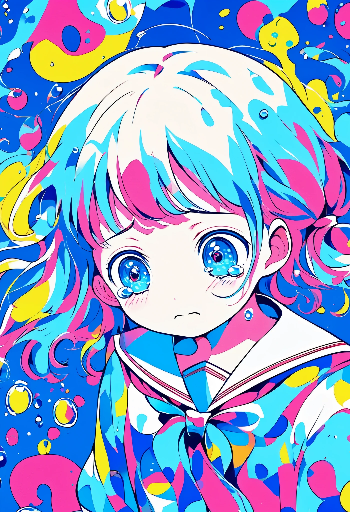 A melancholic anime illustration featuring a crying girl with short, pop art,multi color hair and a vivid pink ribbon tied on the side. Her teary blue eyes are expressive, capturing deep sadness. She is wearing school sailor, surrounded by a tranquil blue backdrop with falling water droplets resembling tears. The vivid color palette design artwork.