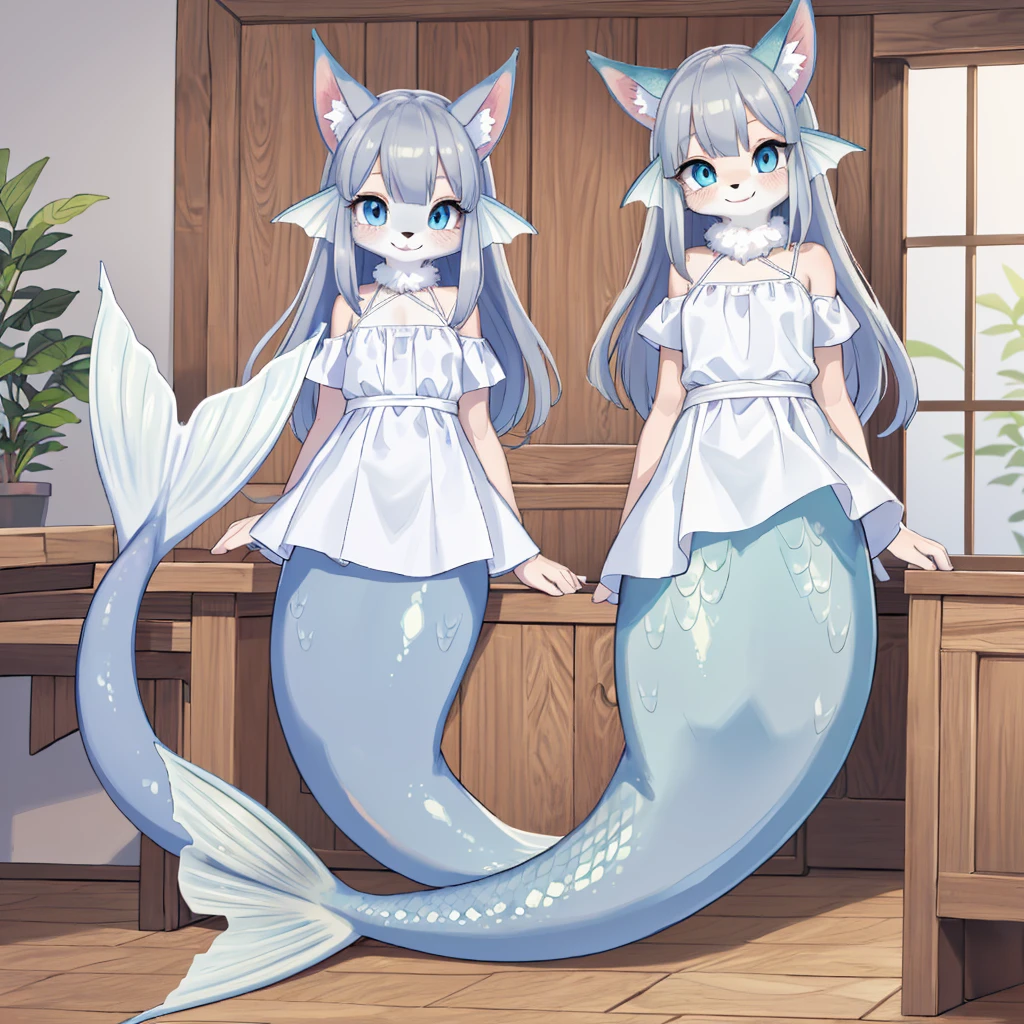 (hi res), ((masterpiece, best quality:1.0)), illustration, furry girl, animal ears, white body fur, tail, 1girl, solo, white mermaid, white mermaid tail below waistline, scales white mermaid tail below waistline, long grey hair, blue eye, white dress, looking at viewer, facing viewer, smile, blurry wood room background