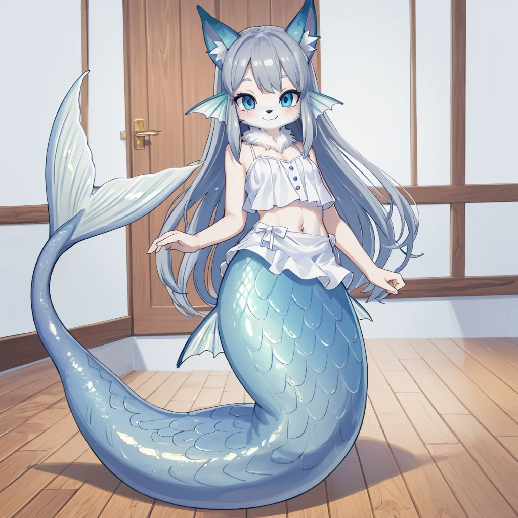 (hi res), ((masterpiece, best quality:1.0)), illustration, furry girl, animal ears, white body fur, tail, 1girl, solo, alone, white mermaid, white mermaid tail below waistline, scales white mermaid tail below waistline, long grey hair, blue eye, white dress, looking at viewer, facing viewer, smile, blurry wood room background