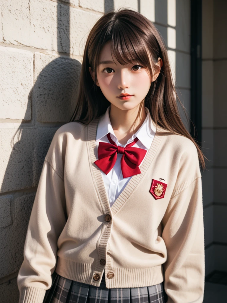  score_9, score_8_up, score_7_up, source_photograph,
 realistic ,photograph,( sharp concentration),(backlit photograph:1.4),Dramatic Shadows,Raw lighting, dynamic angle,
break
Japanese girl,
 dark eyes,( small eyes :1.1),
 slender round face ,
( school uniform),
( outer is a light beige cardigan :1.2),
( sleeves over the wrist :1),
(  inner is a white collar shirt :1.2),
( red string neck bow :1.1),
break
( bottoms are black and gray plaid skirt:1.2),( pleated skirt,   Mini Skirt:1.2),
Outdoor,upper_body,