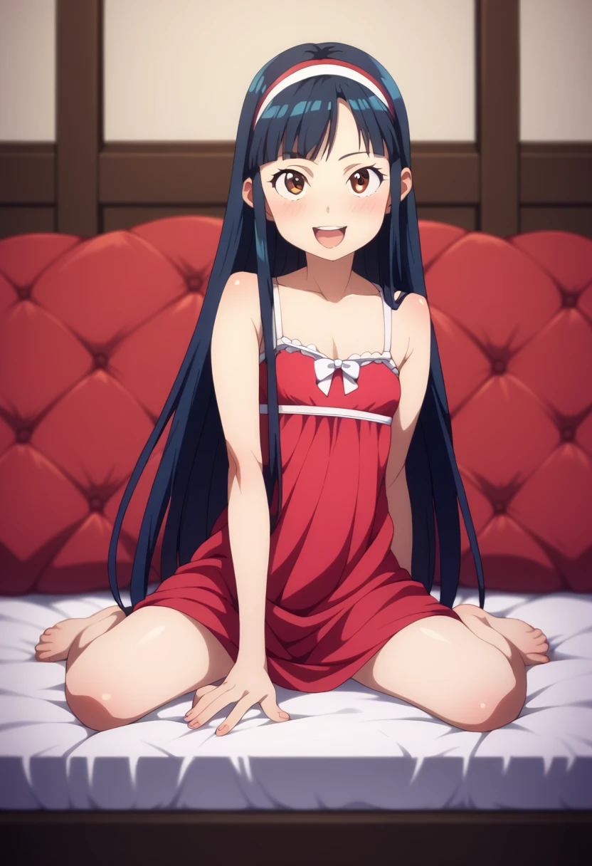 (( best quality)), ((masterpiece)), (be familiar with),  perfect face, indoor, bedroom,  viewer,
One woman,  Yukiko Aikina,
 open mouth,  ecstatic expression with hands in front of body, blush, smile,
Small breasts,  flat chested, Young girl, Lori,  kids,  girl,
 long hair,  Long Hair,
Leg spread,