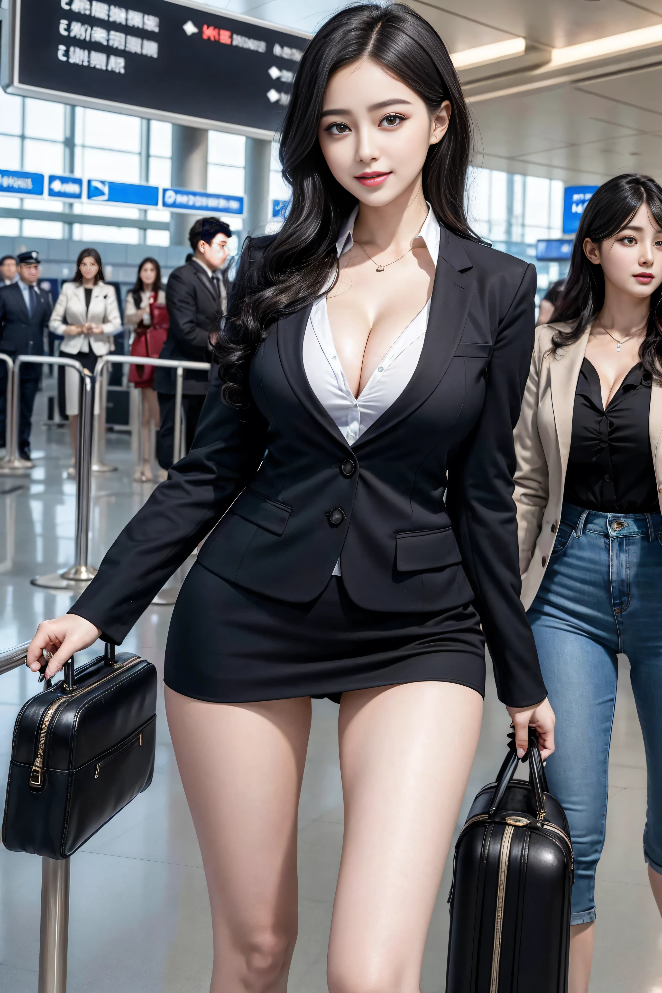 Top quality, ?masterpiece, 8K, Ultra-high resolution, (Reality:1.4), 2 girls in、Beautiful expression、Symmetrical eyes、Huge 、Perfect body proportions、Airline stewardess、Cleavage、Look at the audience、(at the airport:1.2)、Long legs(1.3)、a smile,Body proportions,