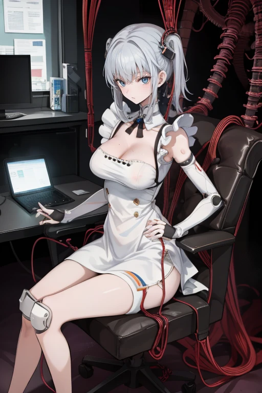 top-quality、Full limbs、complete fingers、1 beautiful woman,(ideal ratio body proportions:1.5), beautiful detailed face, perfect feminine face,Small and beautiful eyes,Droopy eyes, gray eyes,sweat、Slender beauty、straight haired、silver hair、(expressionless:1.5),(german Maid Uniform:1.5)、(coverd nipples:0.5)、very skinny、cleavage、White pantyhose、(factory、Mechanical Prototype room:1.4)、used condom、vulgarity、spoken heart、(tan:1.5)、 (sitting a restraint metal chair:1.6), (show off armpit:-0.0), (Machine joints:1.9),((Mechanically cut muscle blue blood vessels connected to tubes:1.5),(Mechanical cervical spine attached to the neck:1.5),(Wires and cables connected to the head and torso:1.8),