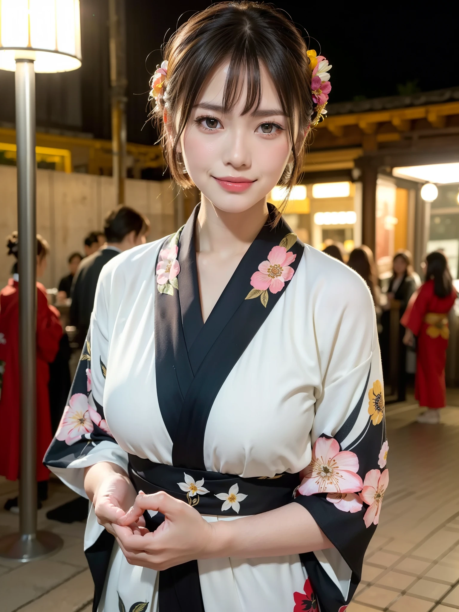((top-quality、8K、​masterpiece:1.3))、Beautiful Women in Perfect Style:1.4、Slender Abs:1.2、((dark brown  hair、Colossal tits:1.2))、(pink there、、with floral pattern、Kimono、:1.1)、Fireworks Festival:1.2、Highly detailed facial and skin texture、A detailed eye、二重まぶた、Fireworks Show