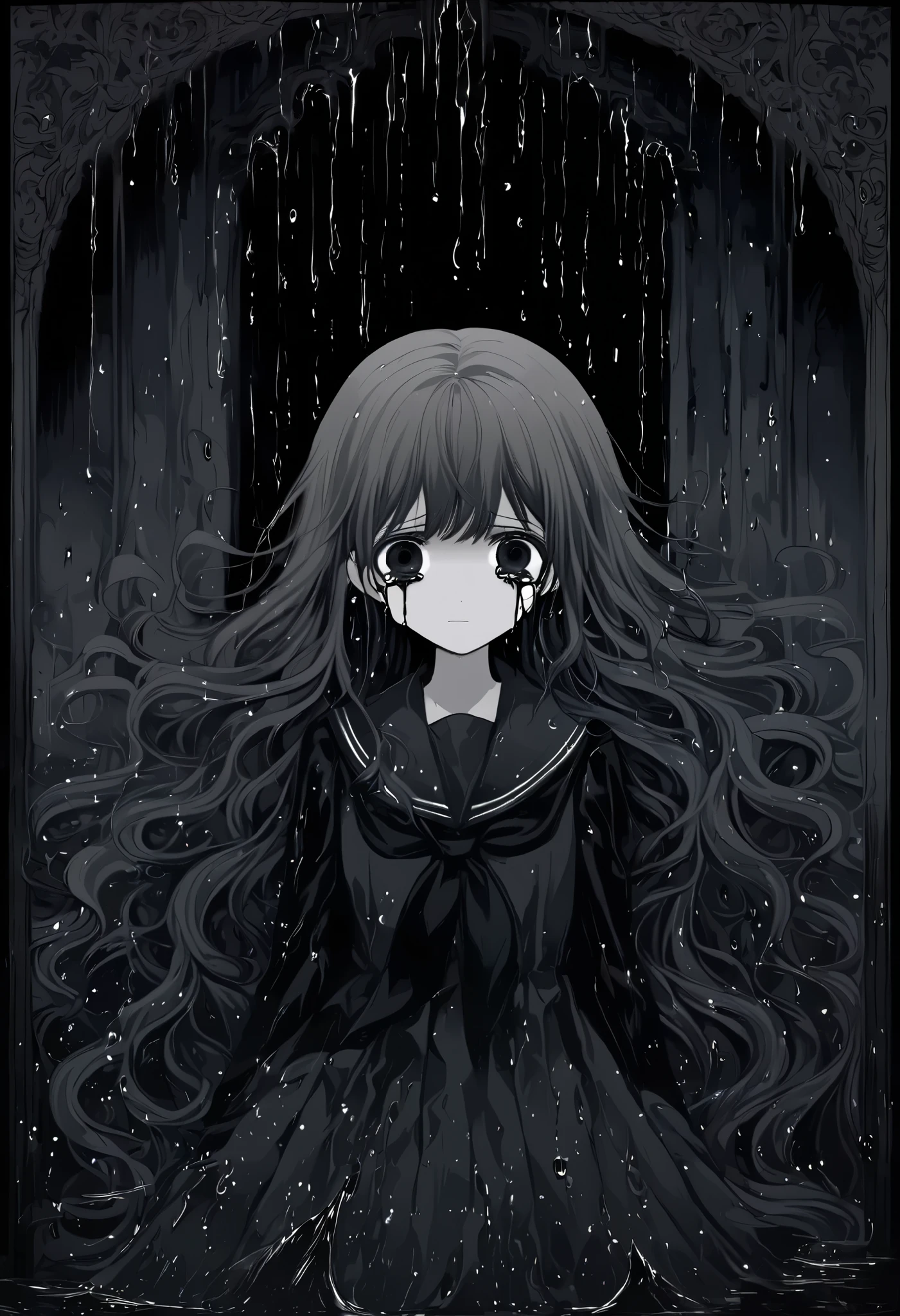 A melancholic anime illustration featuring a crying girl with short, dark gothic,
wavy hair and a dark gray gothical ribbon tied on the side. Her teary dark eyes are expressive, capturing deep sadness. She is wearing school sailor, surrounded by a tranquil dark gothic backdrop with falling water droplets resembling tears. The dark color palette and classical design  artwork.