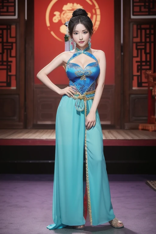(best quality), oriental nobility,thick red lips,Highly detailed 4K eyes and faces,beautiful blue eyes ,big breasts、Bewitching thigh、Full Body Warrior,Zhuge Liang's Feminization, Gorgeous yellow costume,stockings,A woman holding a wide open fan,decorated costume,Background of the Three Kingdoms era,Woman in a feather robe,12 head tall woman with perfect figure