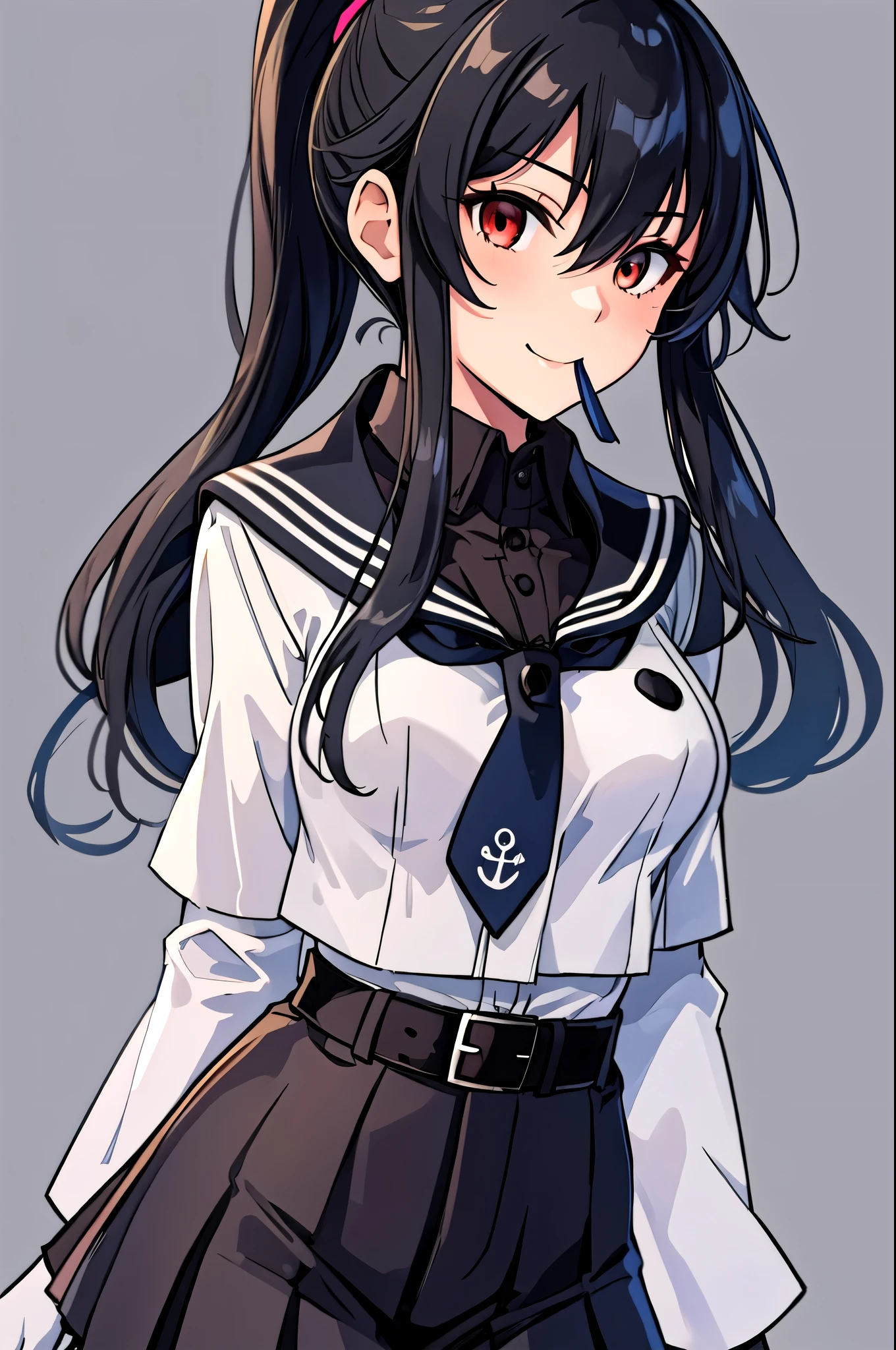  best quality,   Masterpiece ,  high definition , Alone, {_kantaicollection:1.15}, length_hair, black_hair,  ponytail, red_eye, sidelocks, chest, hair_between_eye, big_chest,  1 girl, belt, black_belt, black_Sailor_ color, length_sleeve, Sailor_ color,  shirt, belt_buckle, black_ skirt, Gloves, Pleats_ skirt,  skirt, white_Gloves, white_ shirt, buckle, button, closure_mouth, collared_ shirt,  jacket, Simple_background, smile, very_length_hair, black_ jacket, brown_eye,  neckerchief ,  orange_ neckerchief , Thigh length, black_Thigh length, cowboy_shot, gray_background