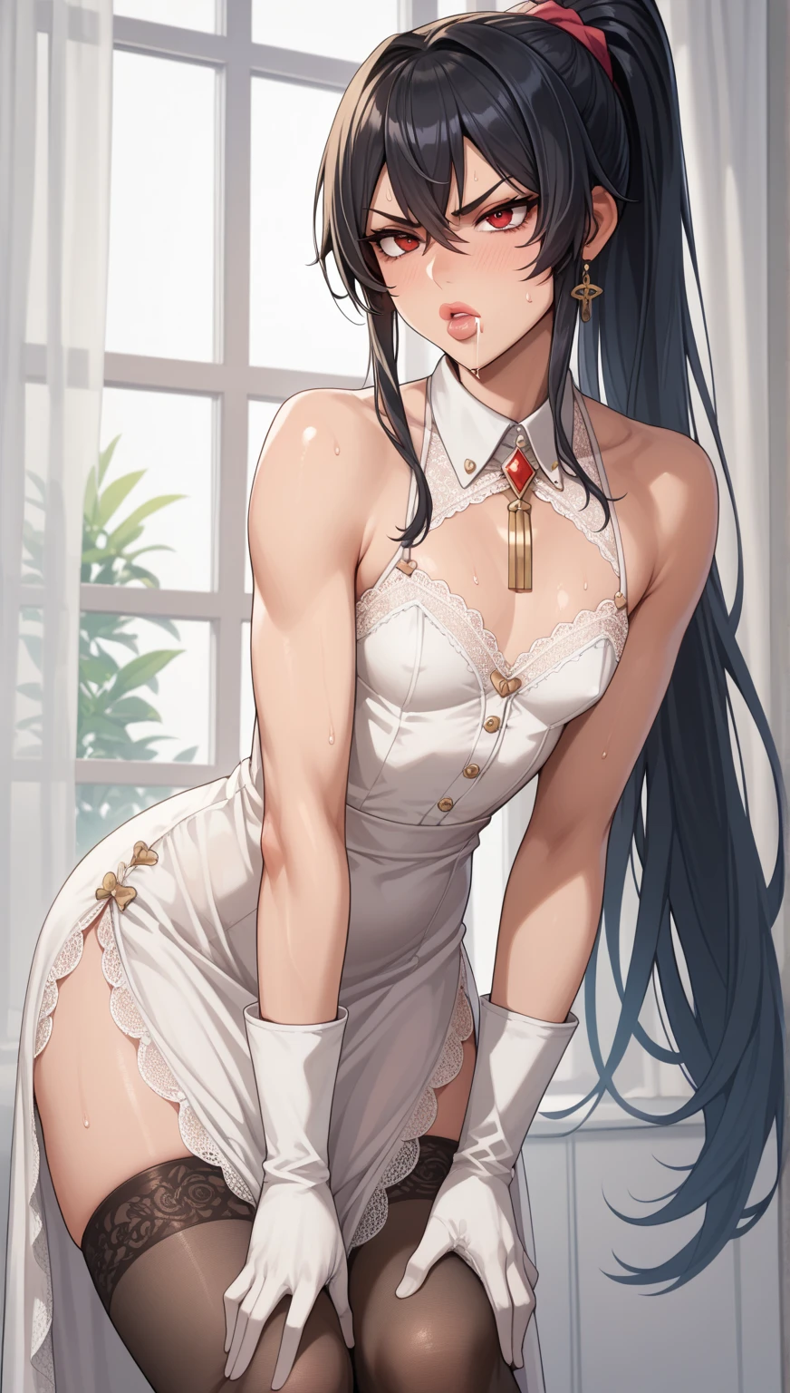 A modern-day illustration showing a person at a formal dinner. The person is holding a wine glass with a raised pinky finger. The scene includes an elegant dining table set with fine china, silverware, and a beautifully decorated background. The person is dressed in formal attire.