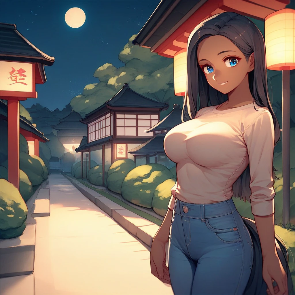 Smile, 1girl, long hair, pony tail, black hair, blue eyes, brown skin girl, brown skin, large breasts, long sleeve shirt, jeans, short jeans, park, japanese park, night, town, at park, many japanese building, moon, moonlight, street lamp,