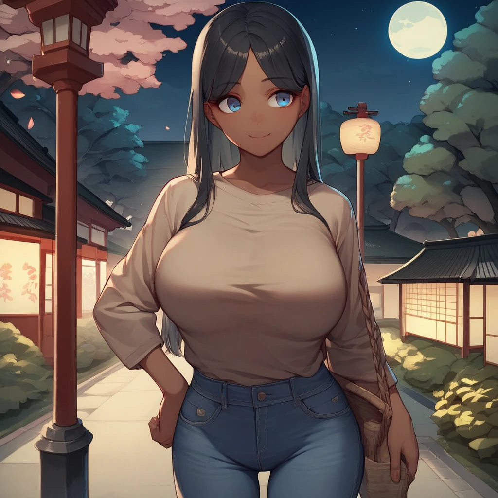 Smile, 1girl, long hair, pony tail, black hair, blue eyes, brown skin girl, brown skin, large breasts, long sleeve shirt, jeans, short jeans, park, japanese park, night, town, at park, many japanese building, moon, moonlight, street lamp,