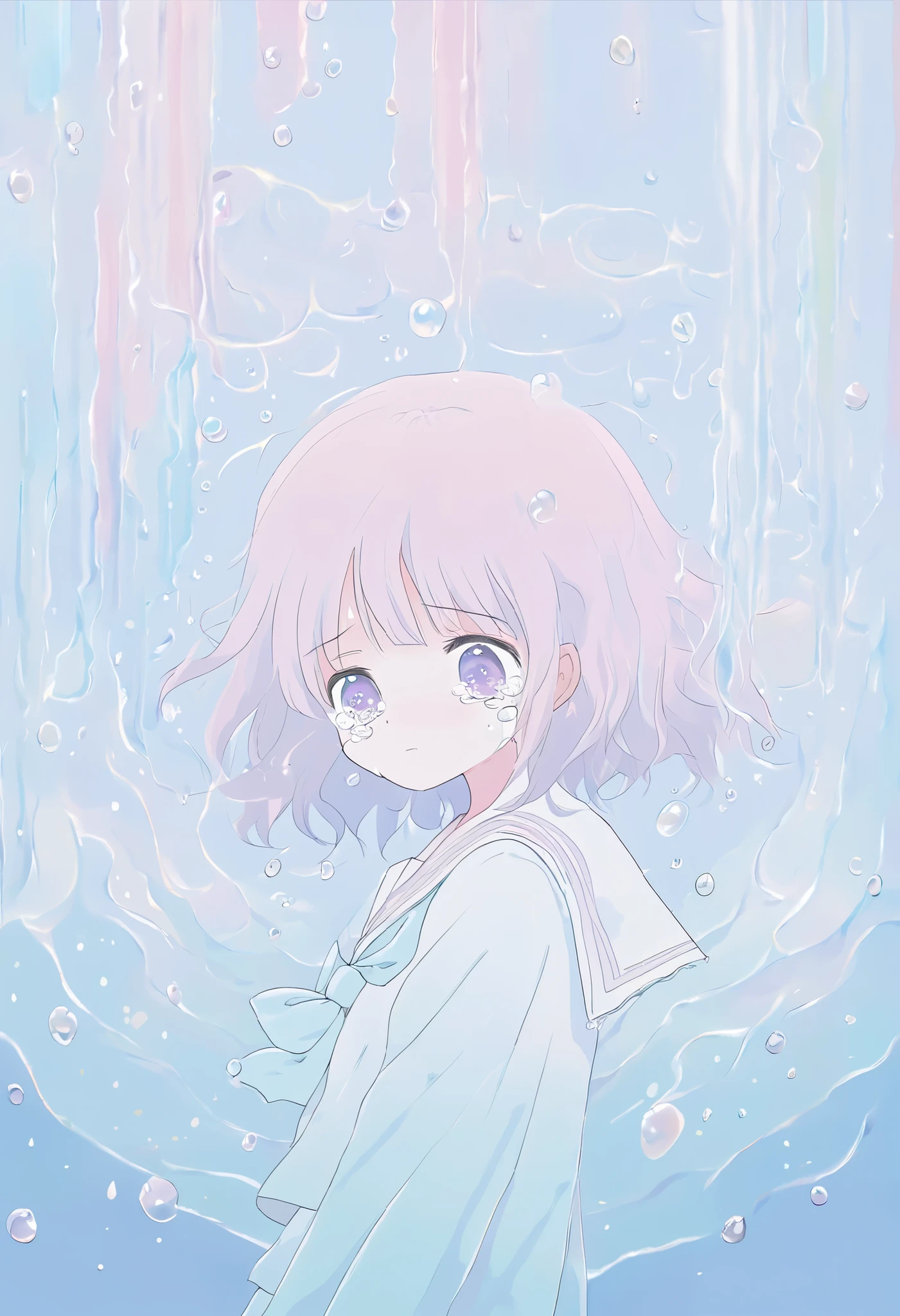 A melancholic anime illustration featuring a crying girl with short, pastel,
Low Fidelity (lofi) art style,pink hair and a pastel ribbon tied on the side. Her teary soft pastel purple eyes are expressive, capturing deep sadness. She is wearing school sailor, surrounded by a tranquil pastel blue backdrop with falling water droplets resembling tears. The soft color palette and minimalistic design enhance the emotional and somber tone of the artwork.