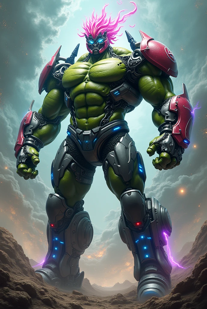 (imagem perfeita), (parece foto), Um Hulk cyberpunk com pele verde musculosa, cabelo preto curto e espetado, bright red eyes and several circuit tattoos all over the body. Ele usa uma jaqueta de couro preta com espinhos, a ripped jeans and metal boots. He has several cybernetic implants, like a bionic arm with claws and cannons, a mechanical leg with rockets, a robotic eye with infrared vision and a neural control chip at the nape of the neck. He holds a huge electric chainsaw in his right hand and an energy shield in his left hand. He's in an abandoned factory, surrounded by junk mail, broken robots and loose cables. He has a furious and violent expression, como se estivesse pronto para destruir tudo em seu caminho., Art Deco, High detail, Futurismo cubista, Arremesso longo, de baixo, three sided view, perspectiva, 360 view, 8k, alto, melhor qualidade, Concedido, detalhes altos, super detalhe, pele texturizada, anatomicamente correto, master part, UHD, ccurate, retina