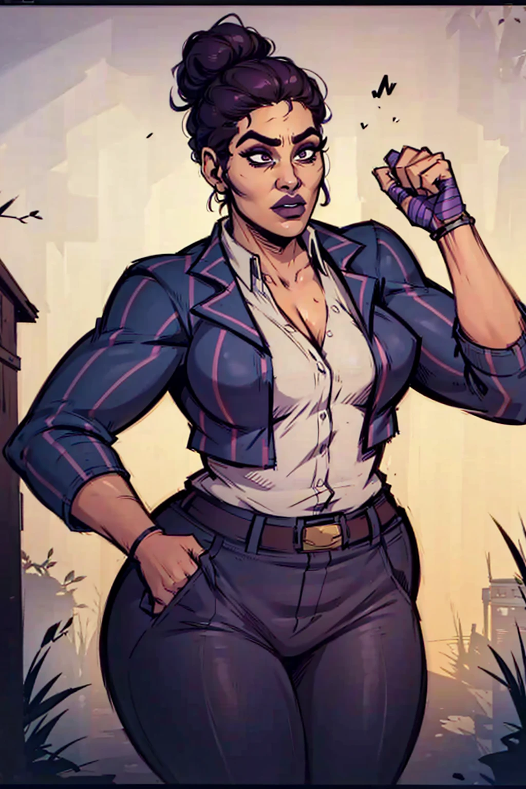 Digital comic art, obese feminine characteristics, office hairbun, dark skin, standing pose, hands held up in a fighting form, mature woman, adult female, curvy figure, whole body, form-fitting, Jane Romero (Dead by Daylight game) inspired costume, purple pinstriped blazer, blouse, belt, purple pinstriped baggy pants that end above the ankles, belt, flat office heels, 1woman, solo, upper body, lower body, ((Extremely Detailed)), ((Best Quality)), ((Masterpiece)), ((4k)).
