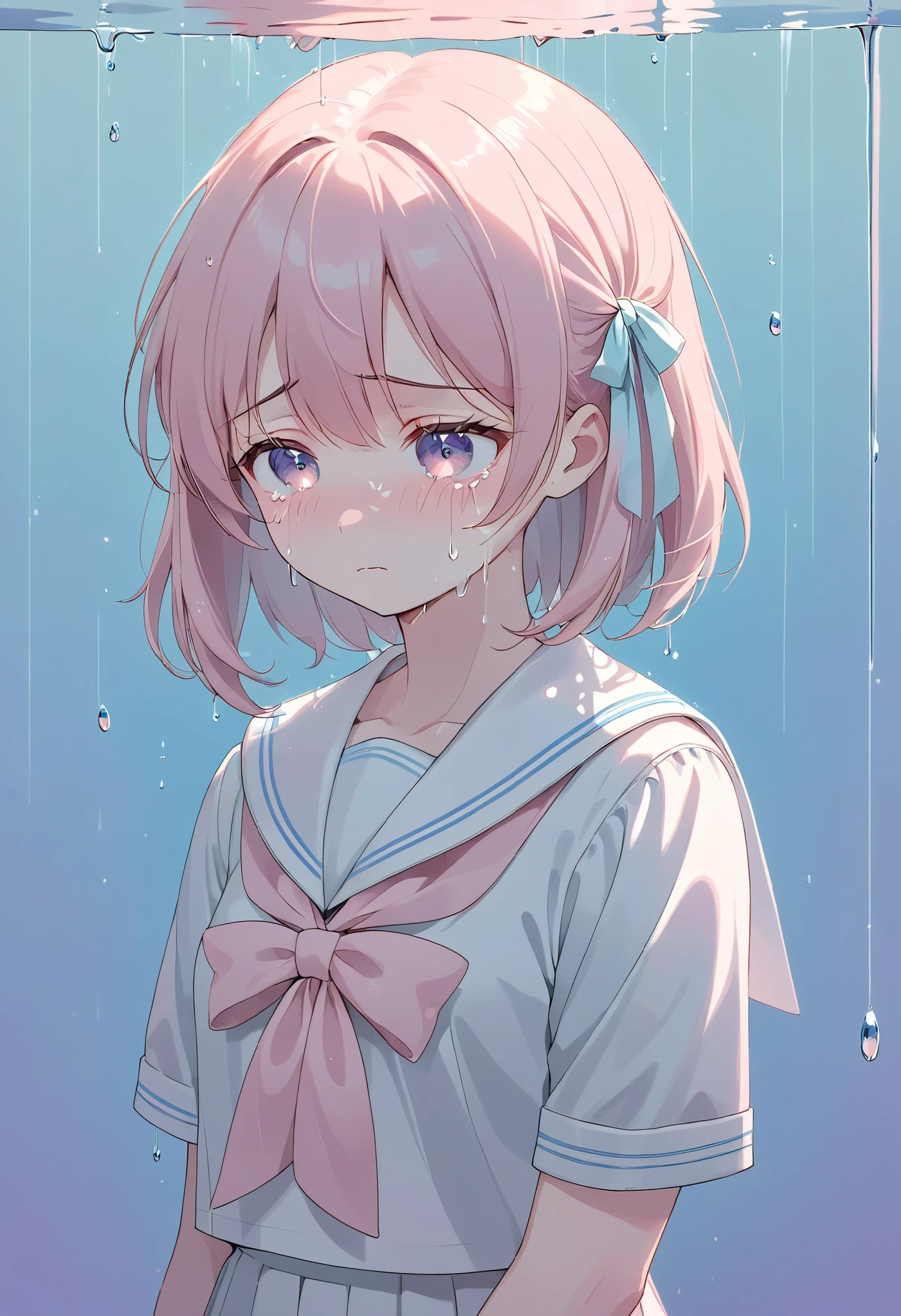 A melancholic anime illustration featuring a crying girl with short, pastel,
Low Fidelity (lofi) art style,pink hair and a pastel ribbon tied on the side. Her teary soft pastel purple eyes are expressive, capturing deep sadness. She is wearing school sailor, surrounded by a tranquil pastel blue backdrop with falling water droplets resembling tears. The soft color palette and minimalistic design enhance the emotional and somber tone of the artwork.