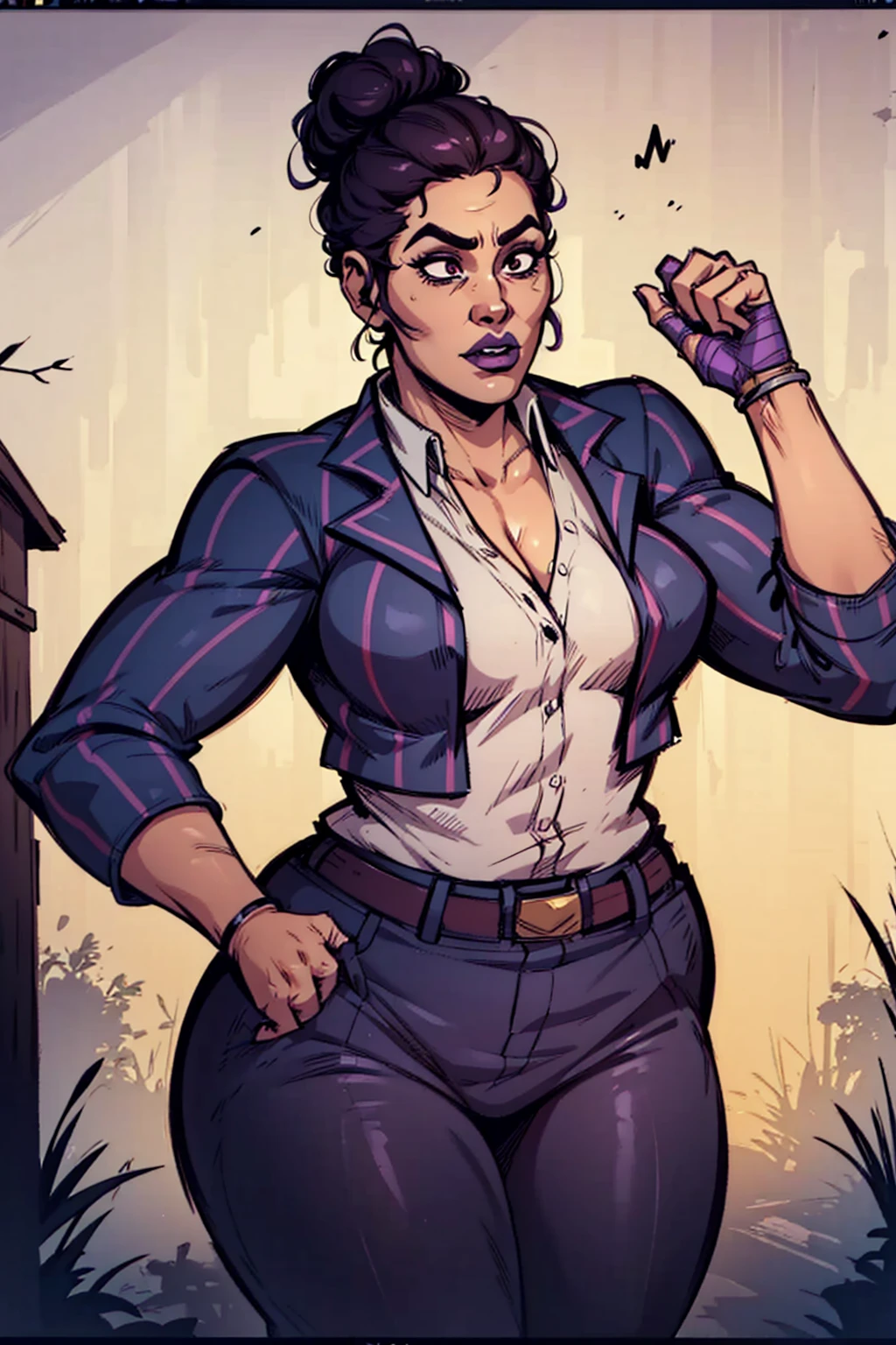 Digital comic art, obese feminine characteristics, office hairbun, dark skin, standing pose, hands held up in a fighting form, mature woman, adult female, curvy figure, whole body, form-fitting, Jane Romero (Dead by Daylight game) inspired costume, purple pinstriped blazer, blouse, belt, purple pinstriped baggy pants that end above the ankles, belt, flat office heels, 1woman, solo, upper body, lower body, ((Extremely Detailed)), ((Best Quality)), ((Masterpiece)), ((4k)).
