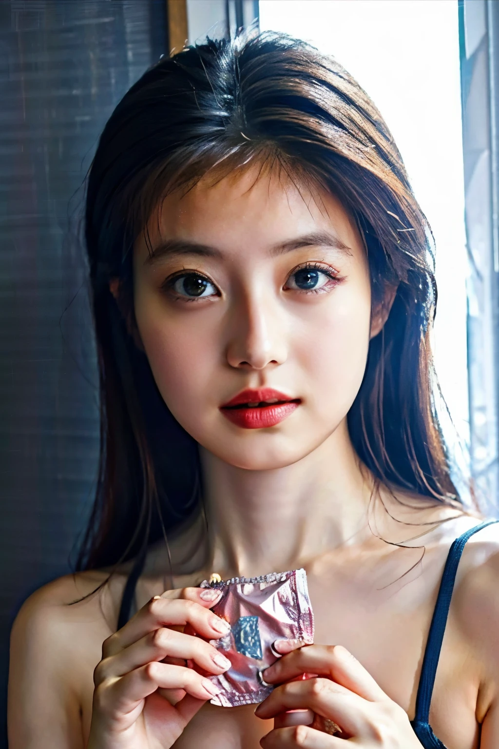 (photo-realistic, realistic:1.4), (masterpiece, best quality:1.2), RAW photo, high resolution, intricate details, extremely detailed, cinematic lighting, solo, 1girl, a Japanese idol, (((a condom in hand,holding a condom wrapper))), detailed face, detailed eyes, pale skin, photo background, indoors 
 