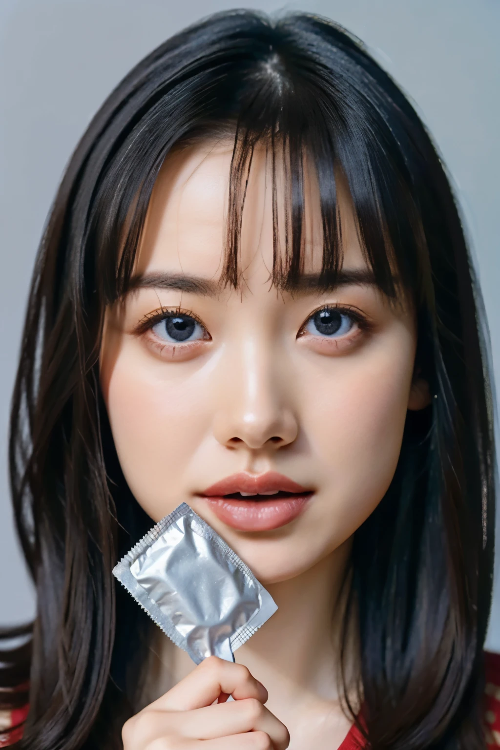 (photo-realistic, realistic:1.4), (masterpiece, best quality:1.2), RAW photo, high resolution, intricate details, extremely detailed, cinematic lighting, solo, 1girl, a Japanese idol, (((a condom in hand,holding a condom wrapper))), detailed face, detailed eyes, pale skin, photo background, indoors 
 