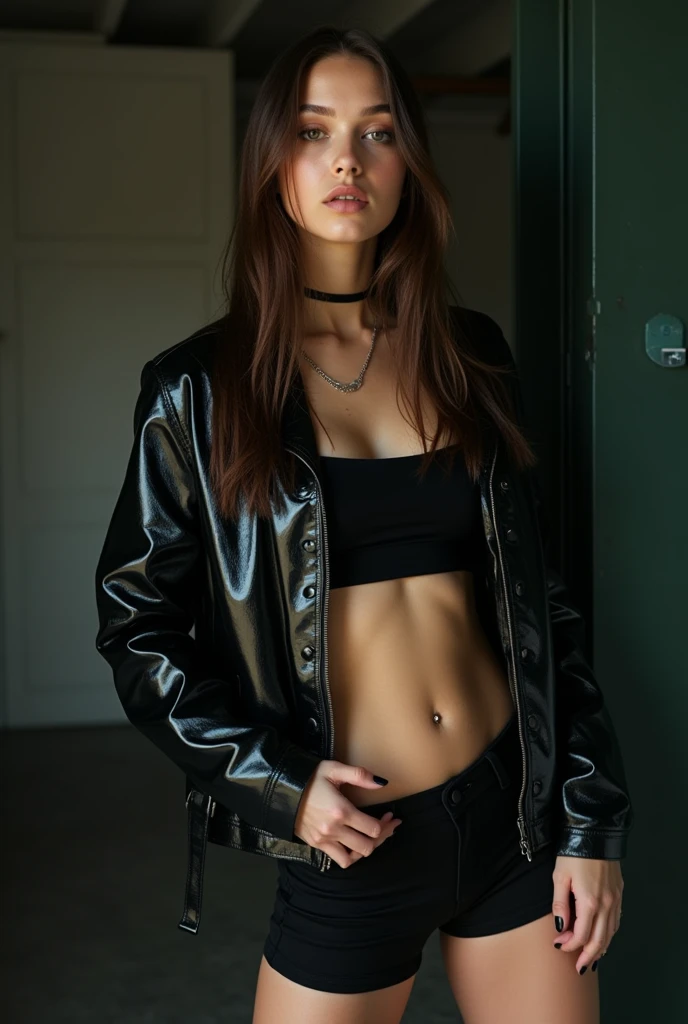 (best quality, highres), portrait of Misato Katsuragi, Purple medium purple Hair, Mixed Beautiful Pretty 28 years old babe, small beautiful brown eyes, intense gaze, beautiful lips, red leather jacket, black dress, combine realism and beautiful anime influenced, confident looks, studio photoshoot, white background,