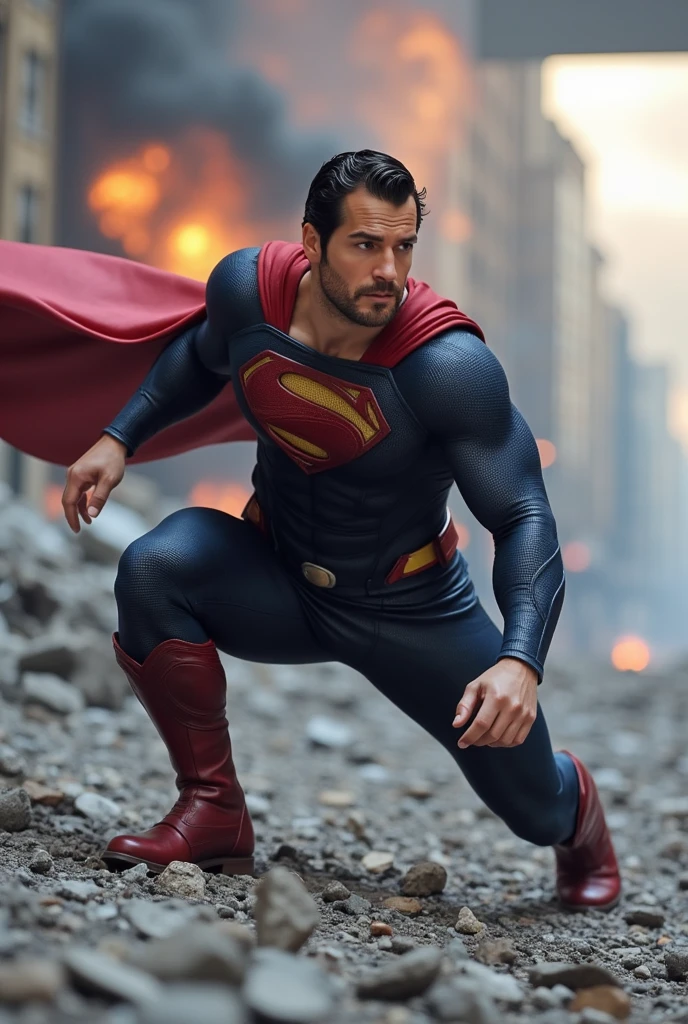 h3nr4, Henry Cavill attractive, muscular, with short beard, dressed in a blue Superman costume, red belt and red boots, A red cloak flows behind him. Ready for a fight, crouched in a dramatic pose.  massive explosion, intense flames, urban destruction, apocalyptic atmosphere, high intensity light, dramatic shadows, warm color tones, (best quality,4k,8k,highres,masterpiece:1.2),ultra-detailed,(realistic,photorealistic,photo-realistic:1.37),studio lighting,extreme detail description,professional,vivid colors,bokeh,cinematic lighting,dramatic