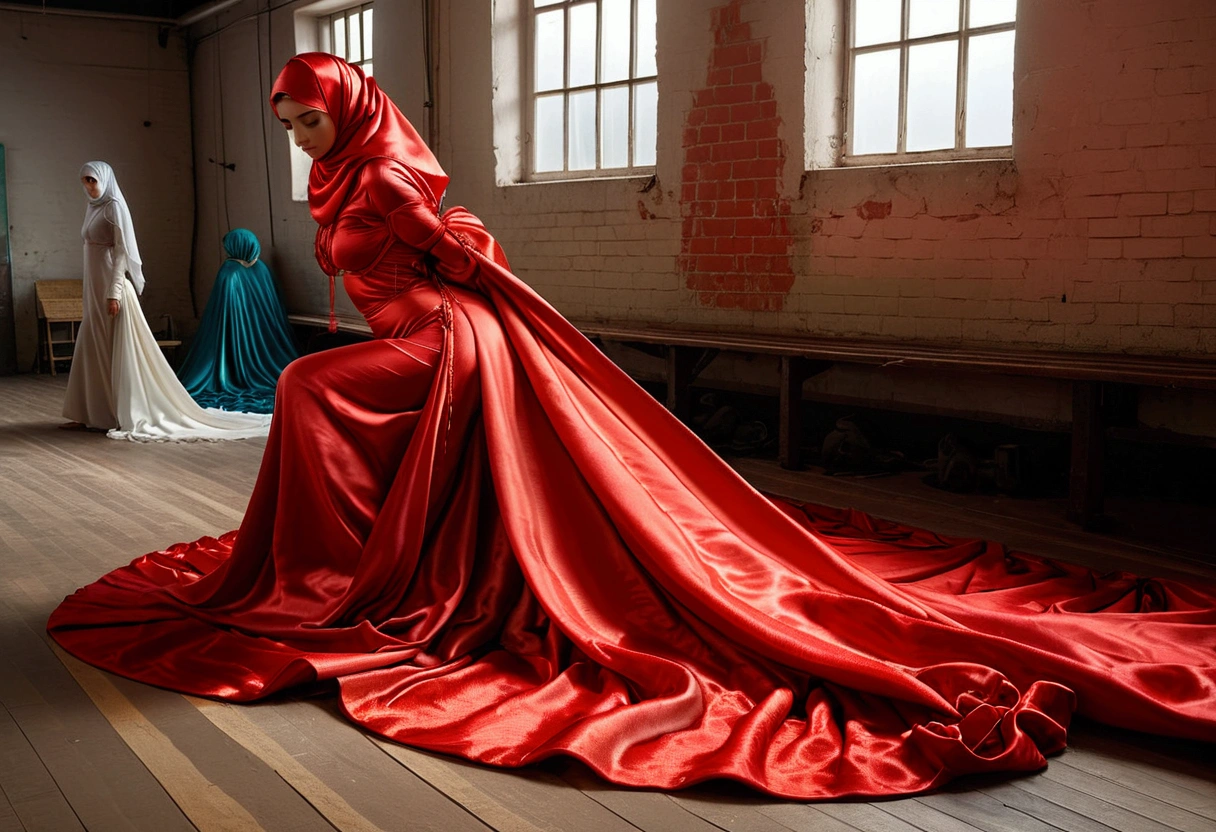 A woman shrouded in a 4-meter-long, plush red satin cloth, tightly bound and grandly draping along the form of her body, flowing off into a pooled floor-length train, styled in a mermaid-inspired outfit, her head modestly veiled in a satin hijab, a full-body pose conveying a sense of mysterious elegance, captured in a 4k resolution, ultra-realistic