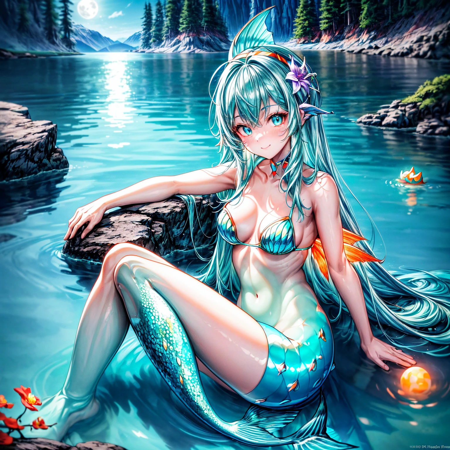 calm lake theme, a turquoise blue lake with fish visible on the surface, rocks on the shore, neon glowing bubbles rising from the surface with fish inside, a mermaid with a neon red and orange tail looks at the camera smiling while sitting on a rock on the shore holding a flower, full moon, lake in the middle of the forest ((ultra quality)), anime enhancement, ((8k resolution, masterpiece, best quality)), ultra detailed, ultra sharp, perfect colors, perfectly shaded, perfect lighting, very detailed face, perfect anatomy,