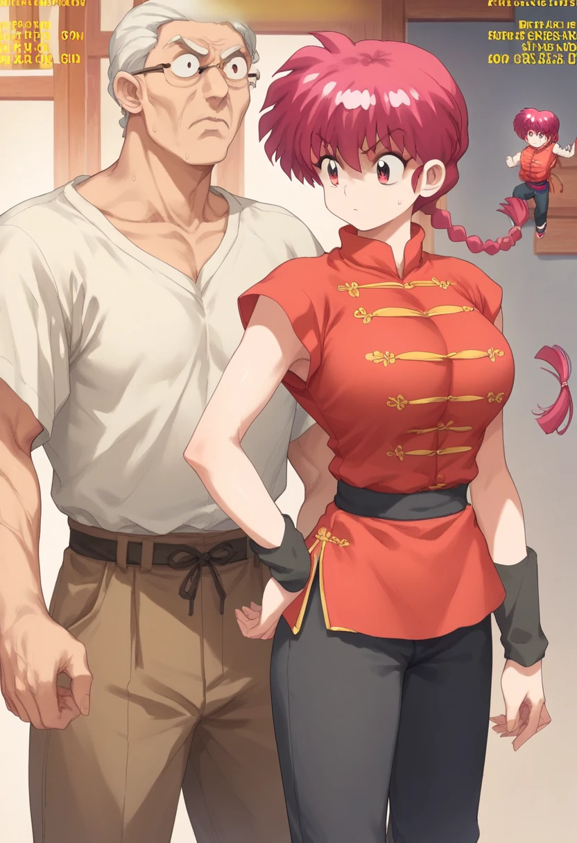 Ranma Saotome, braid, red hair, single braid, braided ponytail, red eyes,
pants, chinese clothes, tangzhuang,Big Breasts、　Chibi Chara Old　man、