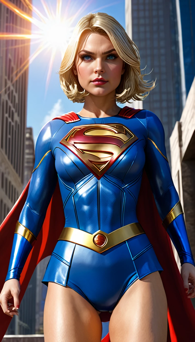 Imagine super girl body classic costume battle scene, sun 