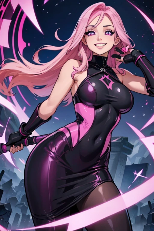 A pink haired female reaper with violet eyes and an hourglass figure in a leather jacket and a sexy  t-shirt dress is posing in a libray