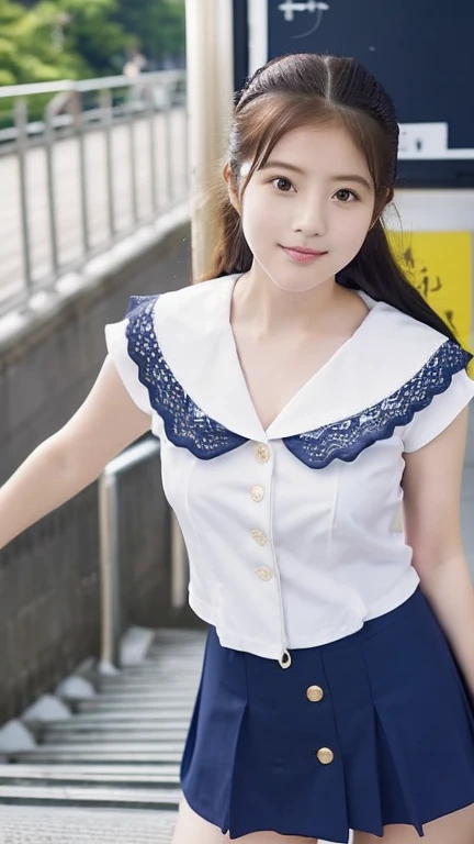 (Best Quality, Masterpiece, Ultra high resolution, (Photorealsitic:1.4), Raw photo), (((full body, low-angle-shot))), 1girl, 16-years-old, running up at school stairs, ((wearing summer Sailor shirt and cute patterned fullback lace panties under navy blue pleated skirt)), ((Amazingly cute face, (Japanese famous idol's face), very beautiful big black eyes)), innocent smile, looking down at viewer, very white and beautiful skin, perfect skinny body