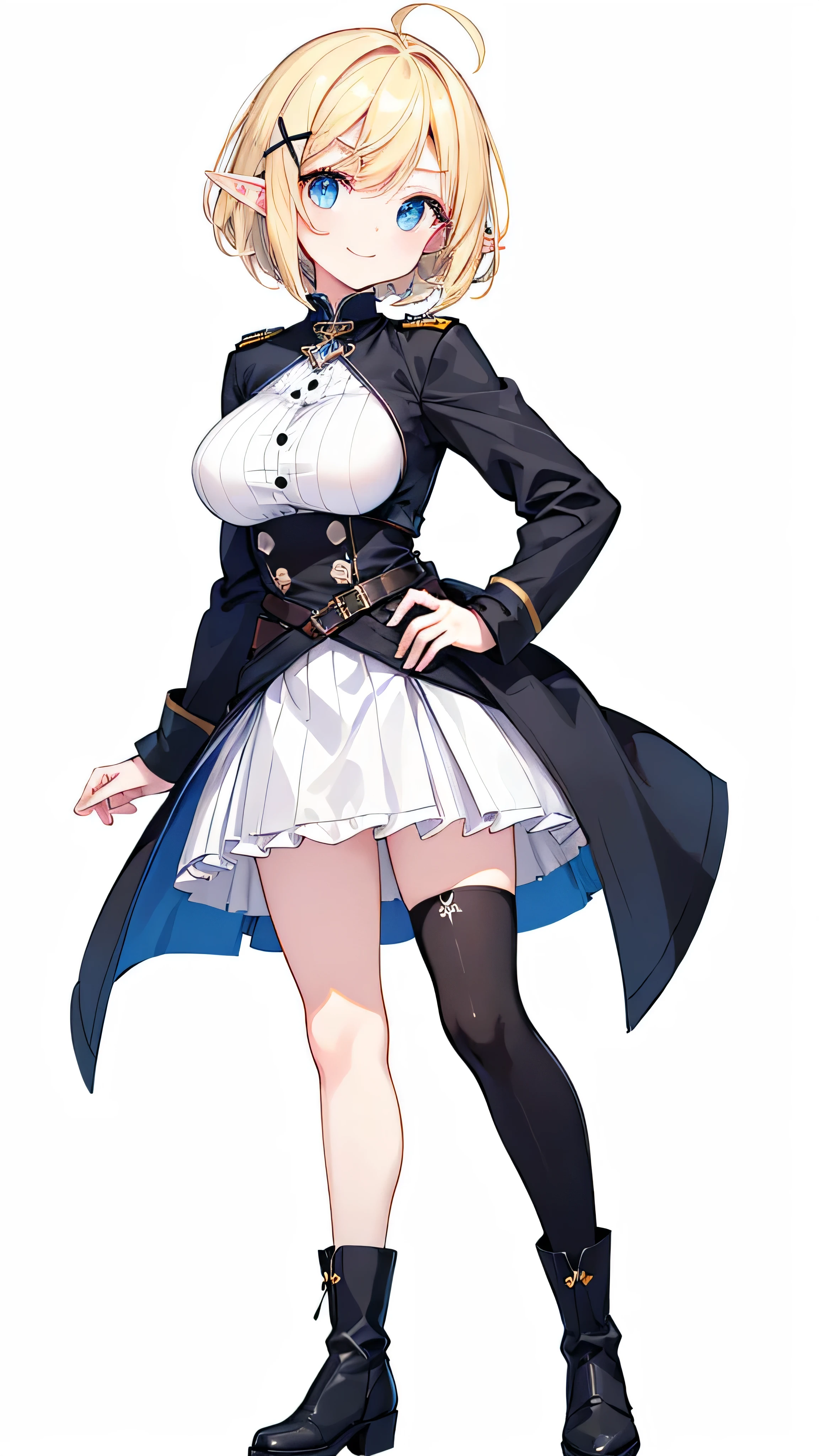 masterpiece,  best quality,((Full body image of one tall woman)),(( standing straight )), ((Crisp, saggy eyes, dark blue eyes)), (( blonde short hair,Ahoge)), ((Elf)),Big Breasts,((( with thick black hairpins on the bangs in the shape of an X))),(( black thigh high socks, black boots )),((black gothic military uniform)), Black Ruffle Skirt ,(((( no background ,Solid white background)))),thin straight eyebrows, white skin, looking at this ,Smiling, I don't have anything in my hands , One hand on hip