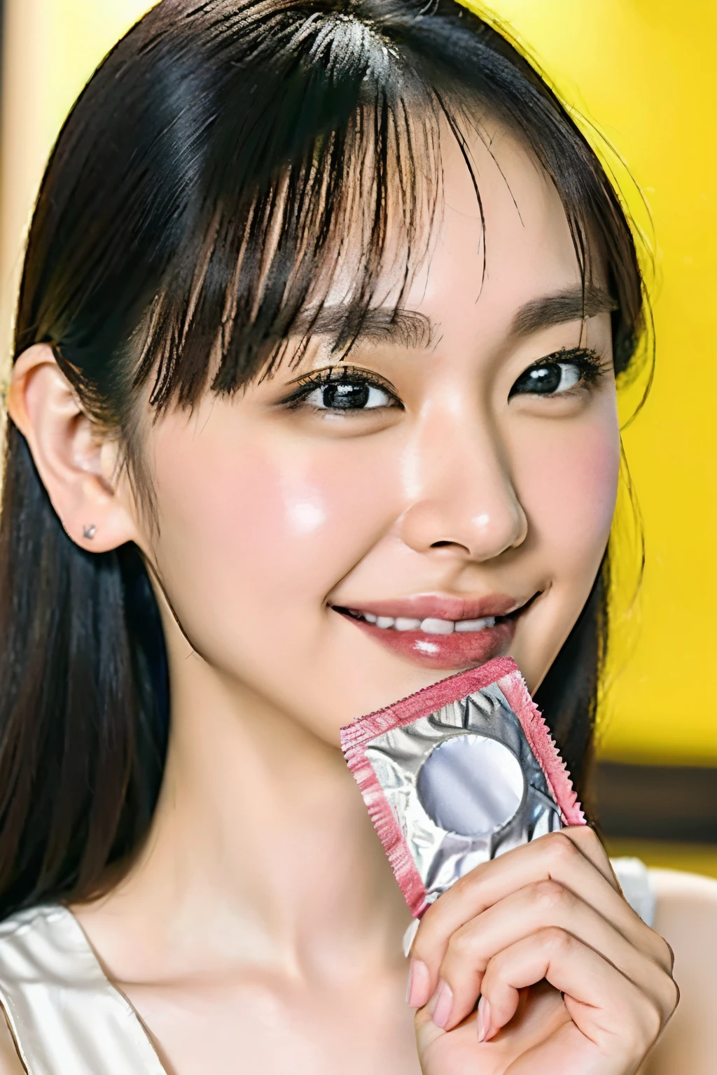 (photo-realistic, realistic:1.4), (masterpiece, best quality:1.2), RAW photo, high resolution, intricate details, extremely detailed, cinematic lighting, solo, 1girl, a Japanese idol, (((a condom in hand,holding a condom wrapper))), detailed face, detailed eyes, pale skin, photo background, indoors 
 