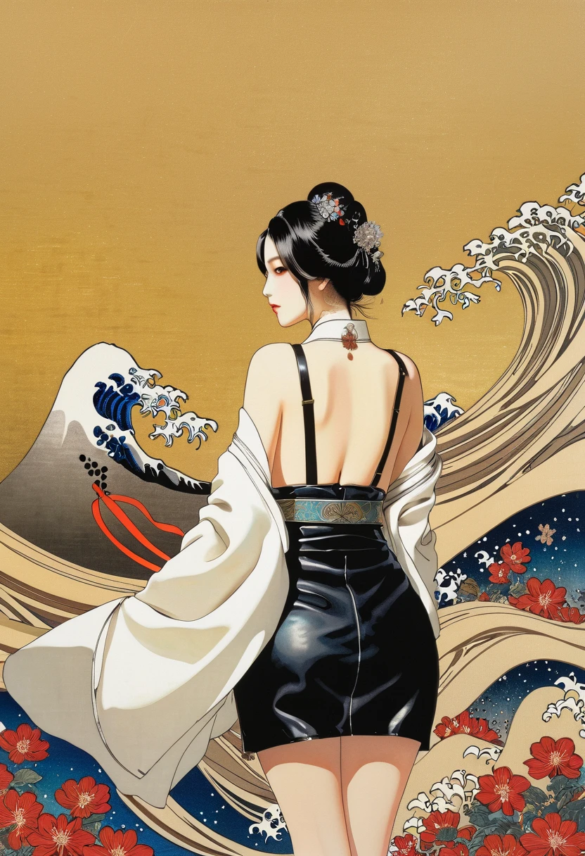 (  maseta membrane  、 best quality、Ukiyo-e style、mystery、Exquisite and beautiful、 Official Art、Sharaku:1.2)、( 1 girl has :1.3)、( fractal art:1.3)、cowboy shooting、 white skin、( beautiful brunette 、kimono:1.2)、 with traditional Japanese performing arts in the background、 rich and colorful、(、 belonging to the Japanese style :1.2)、 Slouching 、Big Breasts、Upper body bra only 、Rear View Enhancement 、 （  dynamic composition seen directly from below:4.7）、 Gray Hair 、((masterpiece,  best quality, 最High image quality, Steampunk. High image quality)),  young pretty girl  ,(( Black leather mini skirt)))Her back view、 white panties,Very delicate hair 、 full body angle、 full body image 、fix,Background white、
