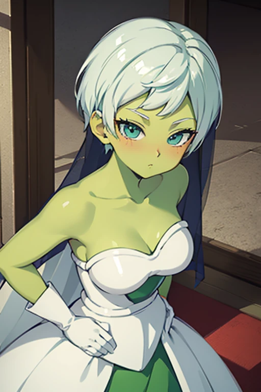 ((Wedding dress)), cheelai, piel verde ((green skin)) ((white hair)) ((veil))