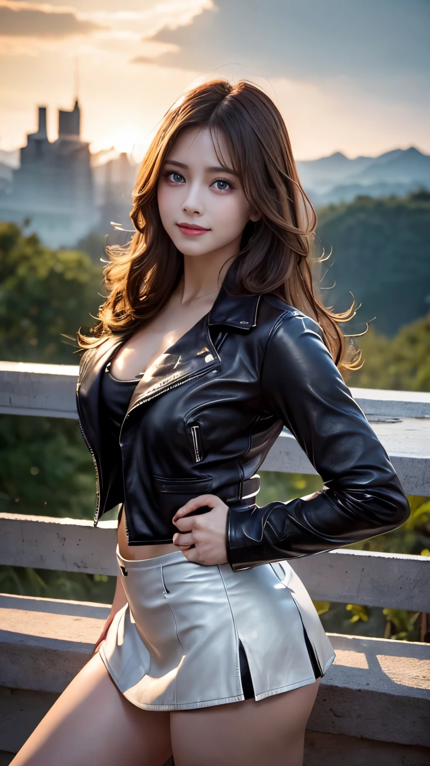((Realistic lighting, Highest quality, 8K, masterpiece: 1.3)), Clear focus: 1.2, One girl, Perfect figure: 1.4, Slim Abs: 1.1, ((Dark brown hair)), (black leather jacket: 1.4), (Outdoor, night: 1.1), street, Super detailed face, Beautiful Eyes, double eyelid,