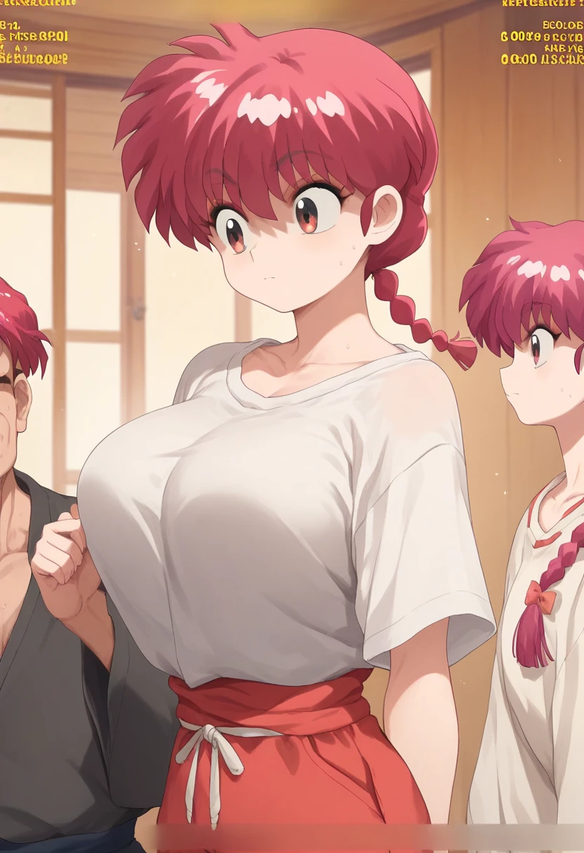 Ranma Saotome, braid, red hair, single braid, braided ponytail, red eyes,
 oversized shirt、Big Breasts、dressing room bathhouse 　Chibi Chara Old　man、